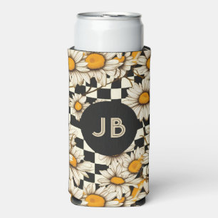 Monogram Retro Groovy Daisy Chequerboard Seltzer Can Cooler