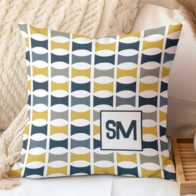 Monogram Retro Mid Century Geometric Navy, Mustard Cushion (Creator Uploaded)