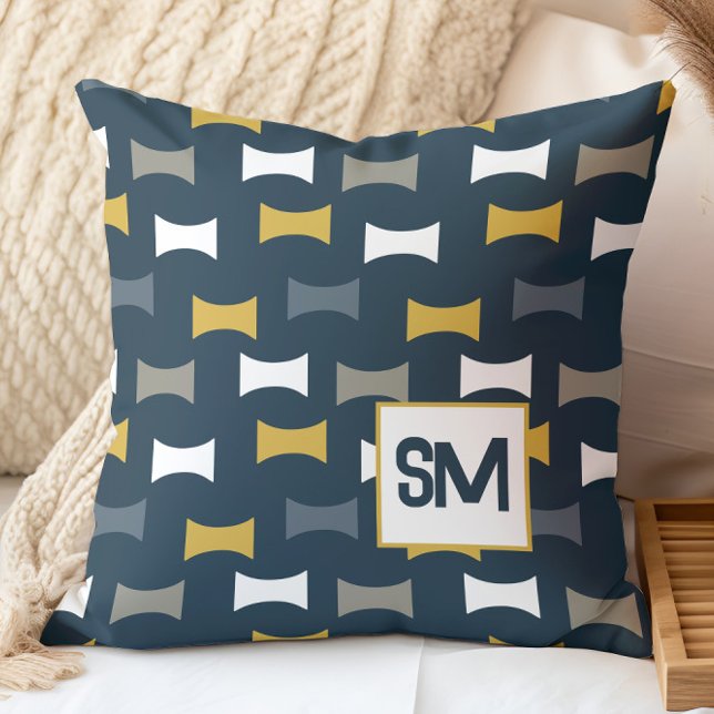 Monogram Retro Mid Century Geometric Navy Mustard Cushion (Creator Uploaded)