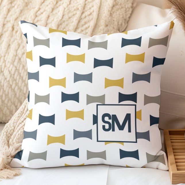 Monogram Retro Mid Century Geometric Navy Mustard Cushion (Creator Uploaded)