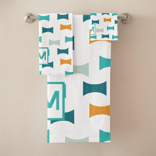 Monogram Retro Mid Century Geometric Pattern Bath Towel Set