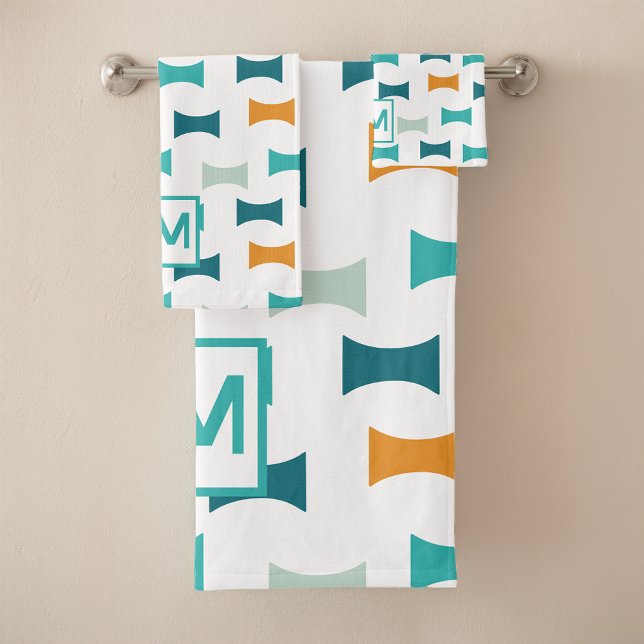 Monogram Retro Mid Century Geometric Pattern Bath Towel Set (Creator Uploaded)