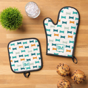Monogram Retro Mid Century Geometric Pattern Oven Mitt & Pot Holder Set