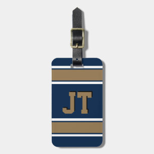 Monogram Retro Navy Blue and Gold Sports Stripes Luggage Tag