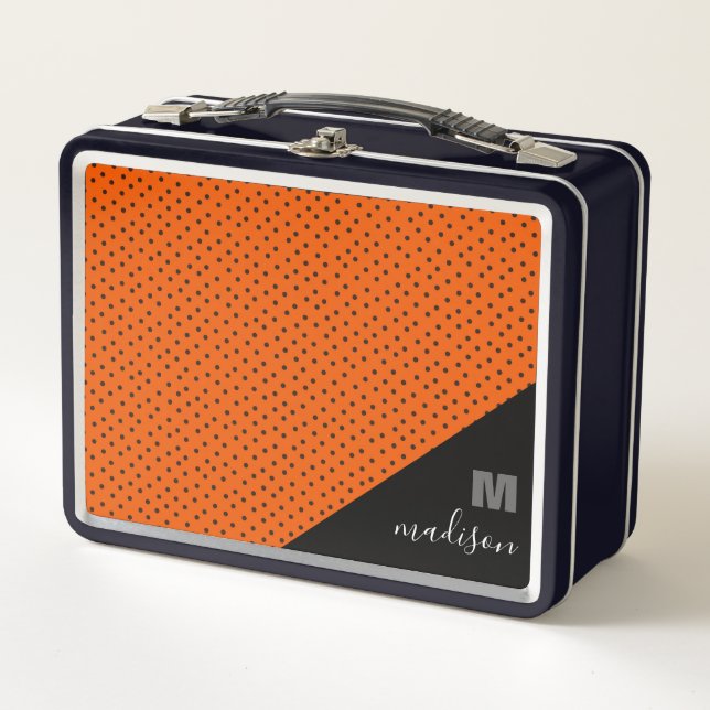Monogram Retro Orange And Black Polka Dots  Metal Lunch Box (Front)