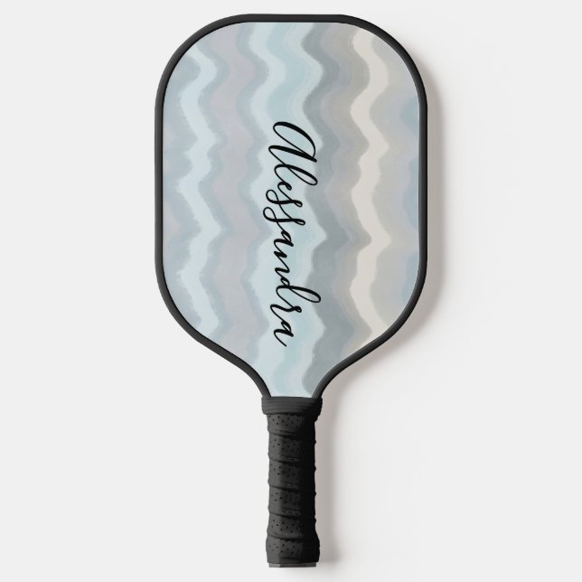 Monogram Retro Pastel Stripes Waves Grey Blue Chic Pickleball Paddle (Front)