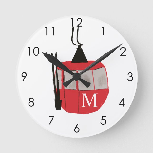 Monogram Retro Red Ski Gondola Lift Personalised Round Clock (Front)