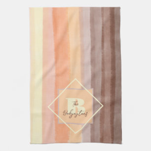 Monogram retro stripes fall yellow orange brown tea towel