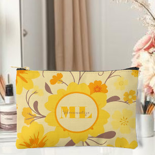 Monogram Retro Sunshine Floral-Yellow Flowers Accessory Pouch