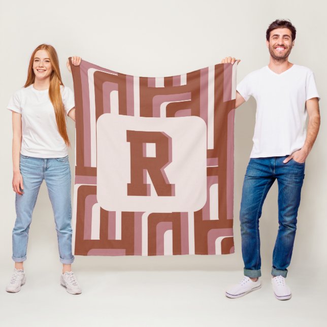 Monogram Retro Terracotta Geometric Pattern Fleece Blanket (In Situ)