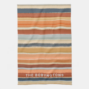 Monogram retro vintage 70s boho stripes colourful tea towel