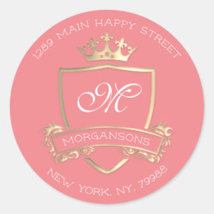 Monogram Return Address Crown Royal Gold Coral Classic Round Sticker
