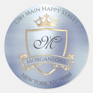 Monogram Return Address Crown Royal Gold Grey Blue Classic Round Sticker