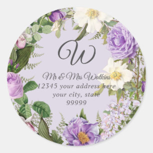 Monogram Return Address Lavender Peony Roses Classic Round Sticker