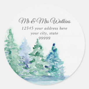 Monogram Return Address Mountain Lake n Pine Trees Classic Round Sticker