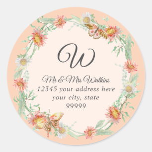 Monogram Return Address Peach Ivory Coral Floral Classic Round Sticker