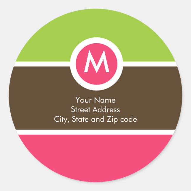 Monogram Return Address Sticker - Green/Pink/Brown (Front)