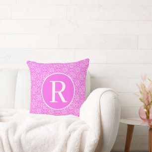 Monogram RF Classic Serif Pink Thistle Damask Cushion