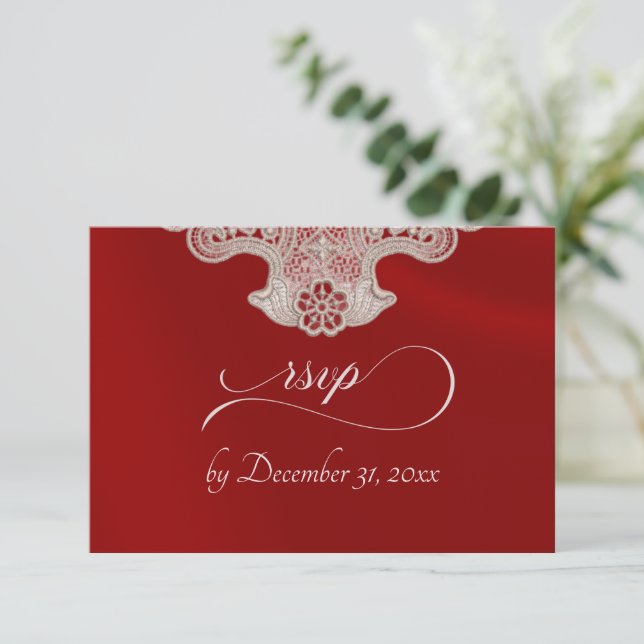 Monogram, Ribbon & Lace - Red RSVP Card (Standing Front)