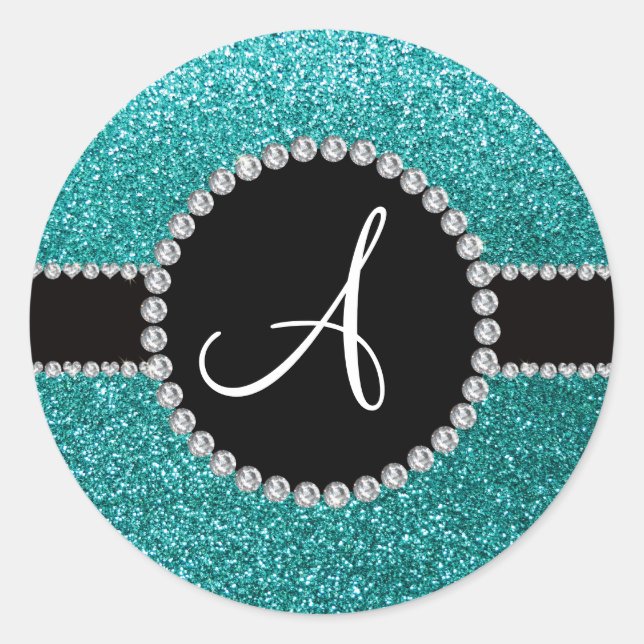 Monogram robin egg blue glitter diamond circle classic round sticker (Front)