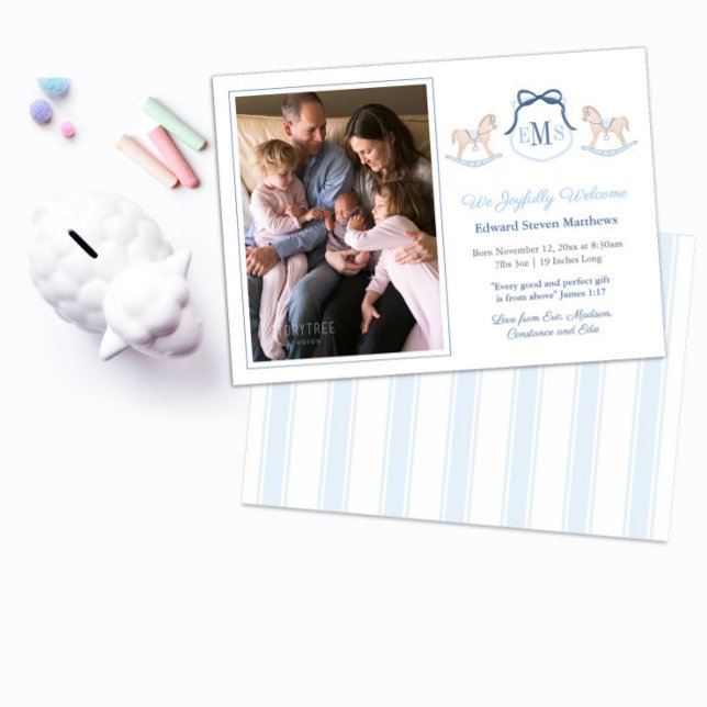 Monogram Rocking Horse Welcome Baby Boy Photo Announcement (Classic monogram rocking horse baby boy photo birth announcement with blue and white striped backer)