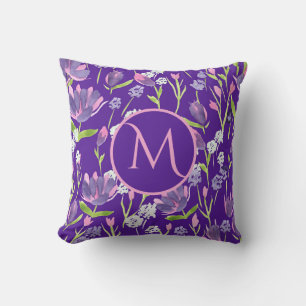 Monogram Romantic Purple Pink Feminine Floral  Cushion