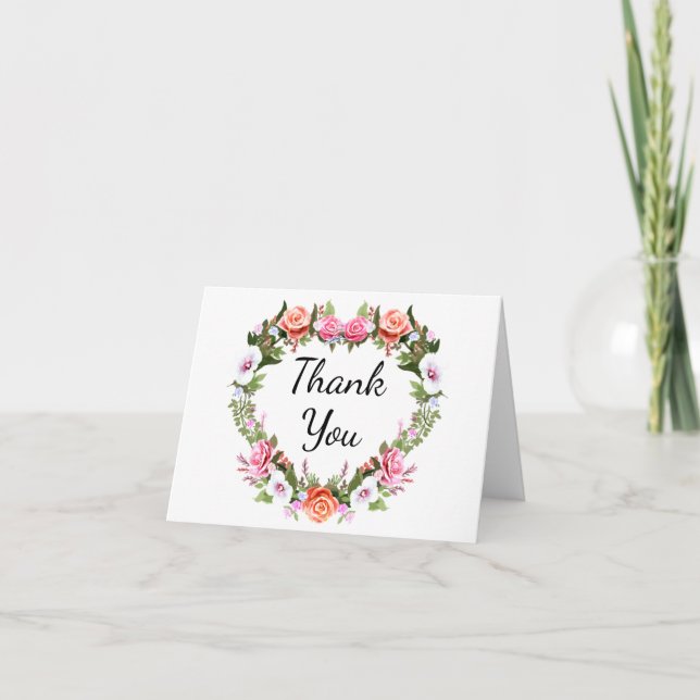 Monogram Romantic Rose Floral Heart Thank You Card (Front)