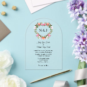 Monogram Romantic Roses Floral Heart Acrylic Invitations