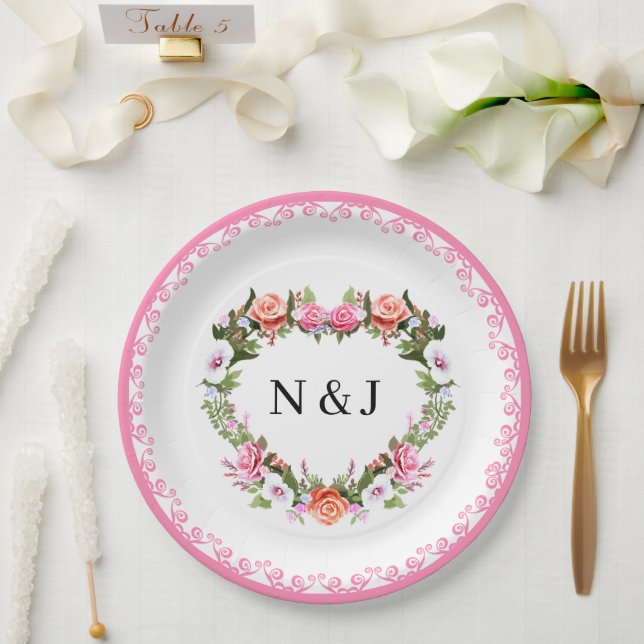 Monogram Romantic Roses Floral Heart Paper Plate (Wedding)