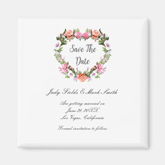 Monogram Romantic Roses Floral Heart Save The Date Magnet (Front)