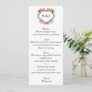 Monogram Romantic Roses Floral Heart Wedding Menu