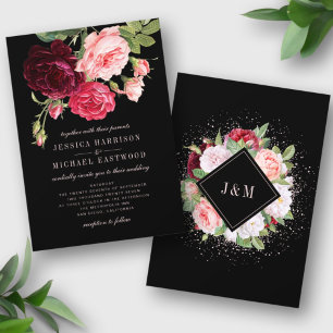 Monogram Rose Bouquet Elegant Black Wedding Invitation