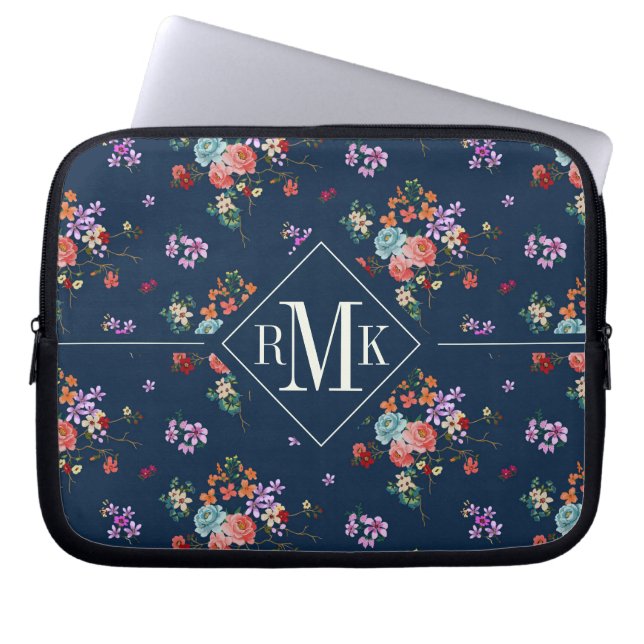 Monogram | Rose Bouquet Floral Pattern Laptop Sleeve (Front)