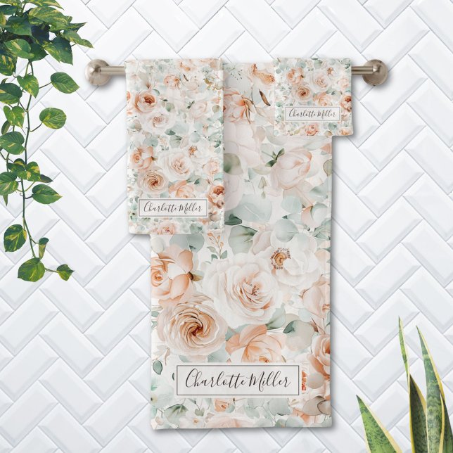 Monogram Rose Eucalyptus Leaves Greenery Floral Bath Towel Set (In situ)