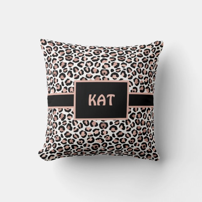 Monogram Rose Gold and Black Leopard Print  Cushion (Front)