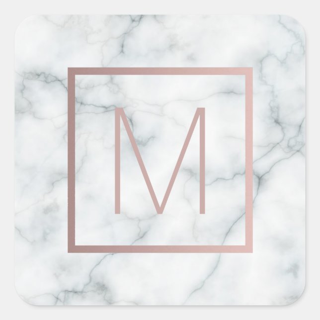 monogram rose gold and white on marble square sticker (Front)