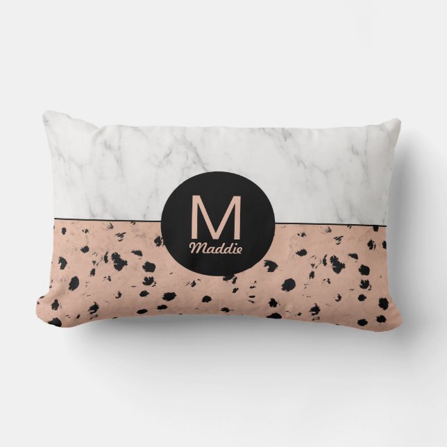 Monogram Rose Gold Animal Print and Marble Pattern Lumbar Cushion (Front)