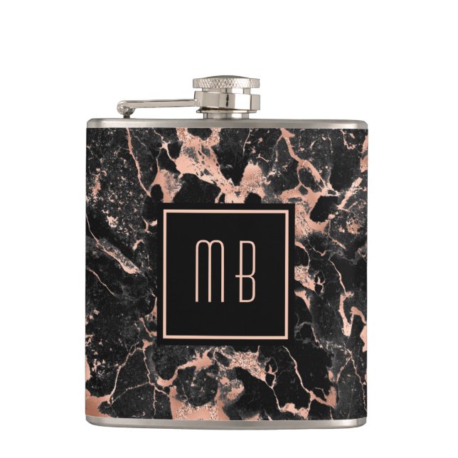 Monogram Rose Gold Black Marble Hip Flask (Front)