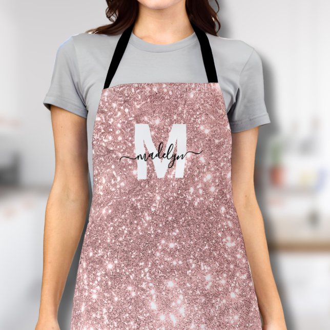 Monogram Rose Gold Blush Pink Glitter Name Apron (Monogram Rose Gold Blush Pink Glitter Name Apron)