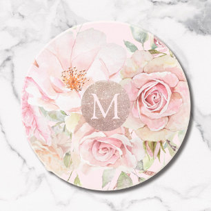 Monogram Rose Gold Blush Pink Watercolor Floral Coaster