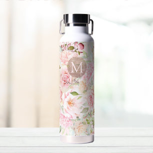 Monogram Rose Gold Blush Pink Watercolor Floral Water Bottle