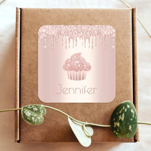 Monogram rose gold cupcake glitter drips modern square sticker