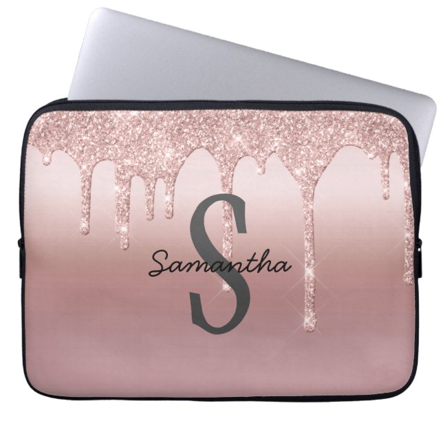 Monogram Rose Gold Drip Glitter Blush Pink Trendy  Laptop Sleeve (Front)