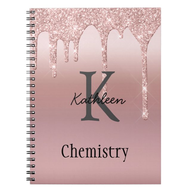 Monogram Rose Gold Drip Glitter Blush Pink Trendy Notebook (Front)