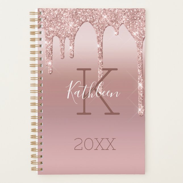 Monogram Rose Gold Drip Glitter Blush Pink Trendy  Planner (Front)