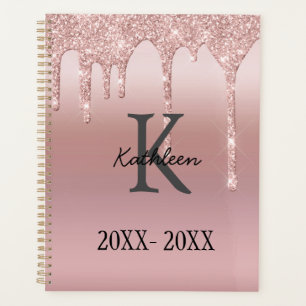 Monogram Rose Gold Drip Glitter Blush Pink Trendy  Planner
