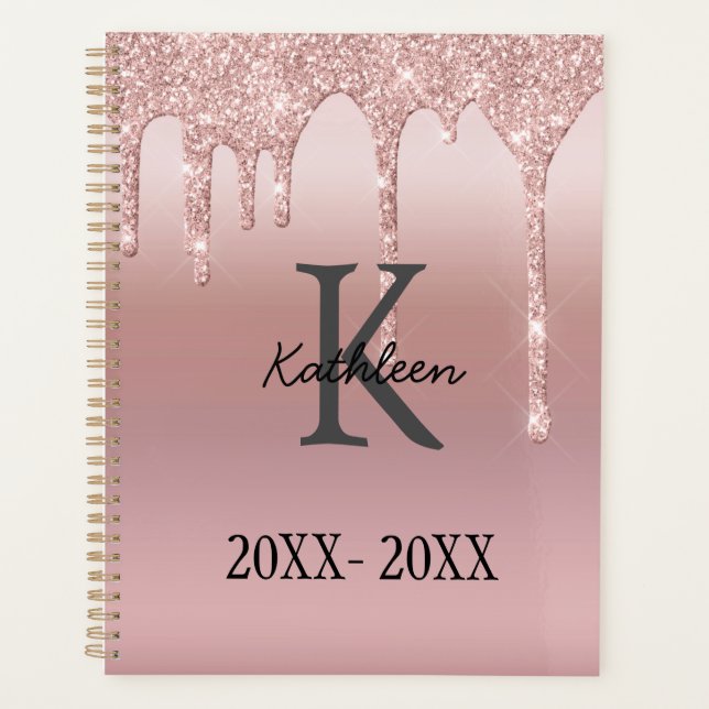 Monogram Rose Gold Drip Glitter Blush Pink Trendy  Planner (Front)