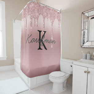 Monogram Rose Gold Drip Glitter Trendy Bath  Shower Curtain