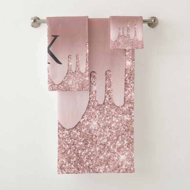 Monogram Rose Gold Drip Glitter Trendy Bath Towel Set (Insitu)