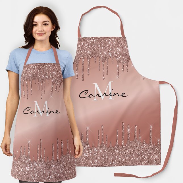 Monogram Rose Gold Dripping Glitter Metallic Name Apron (Creator Uploaded)